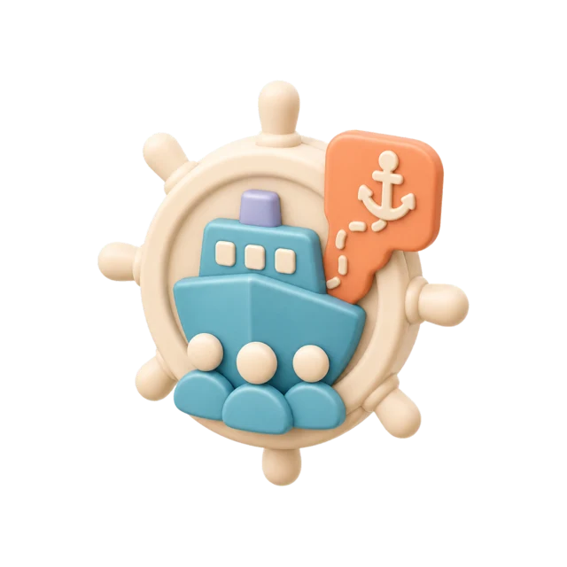 Soft silicone vessel, ship wheel and crew profile forming one marine operations symbol